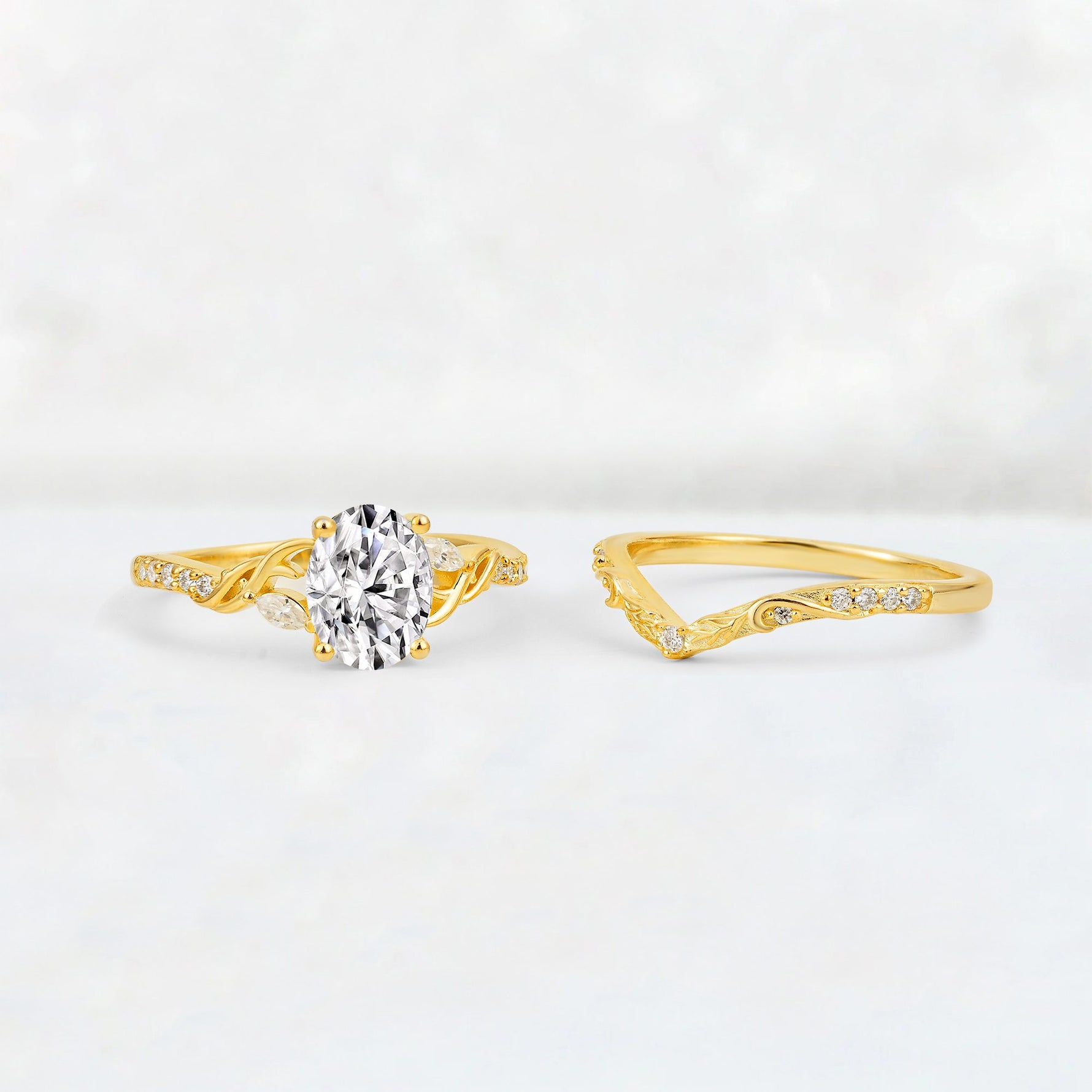Oval Cut Lab Diamond Wedding Ring Set with Leaf and Vine Detail - Additional view