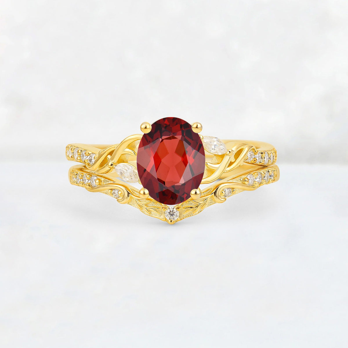 Oval Cut Garnet Wedding Ring Set with Leaf and Vine Detail - Yellow-Gold