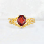 Oval Cut Garnet Wedding Ring Set with Leaf and Vine Detail - Yellow-Gold