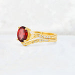 Oval Cut Garnet Wedding Ring Set with Leaf and Vine Detail - Rose-Gold