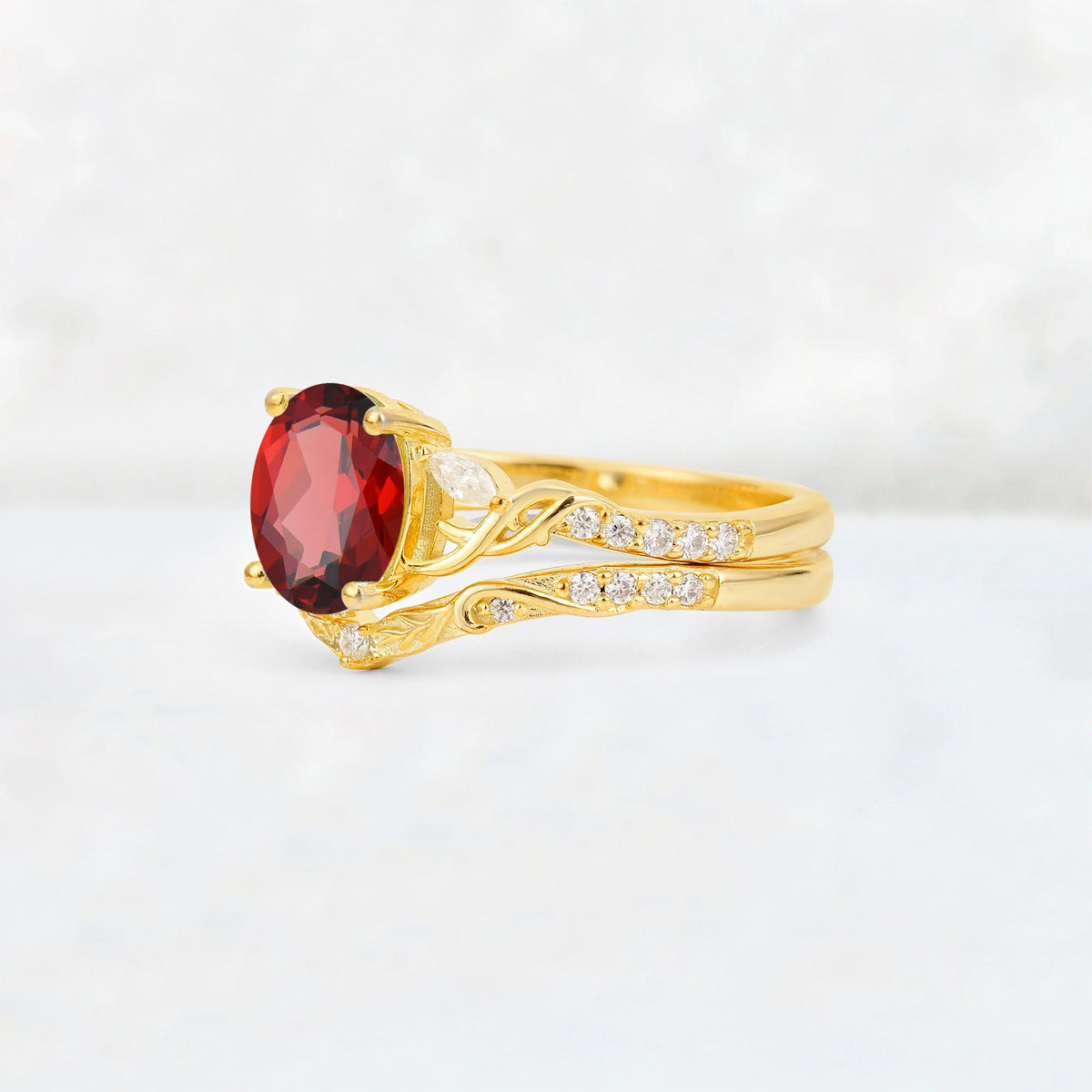 Oval Cut Garnet Wedding Ring Set with Leaf and Vine Detail - Rose-Gold