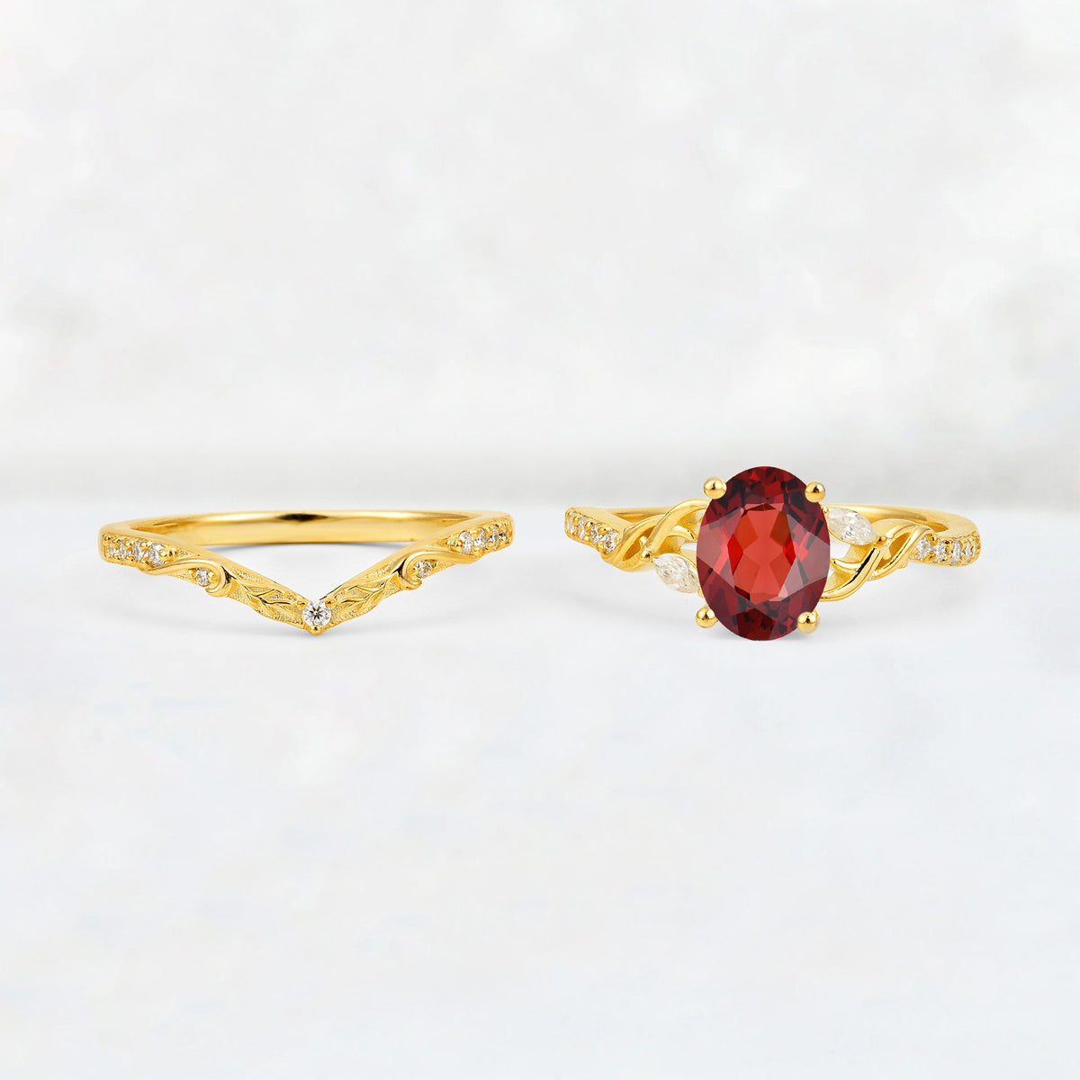 Oval Cut Garnet Wedding Ring Set with Leaf and Vine Detail - White-Gold