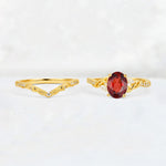 Oval Cut Garnet Wedding Ring Set with Leaf and Vine Detail - White-Gold