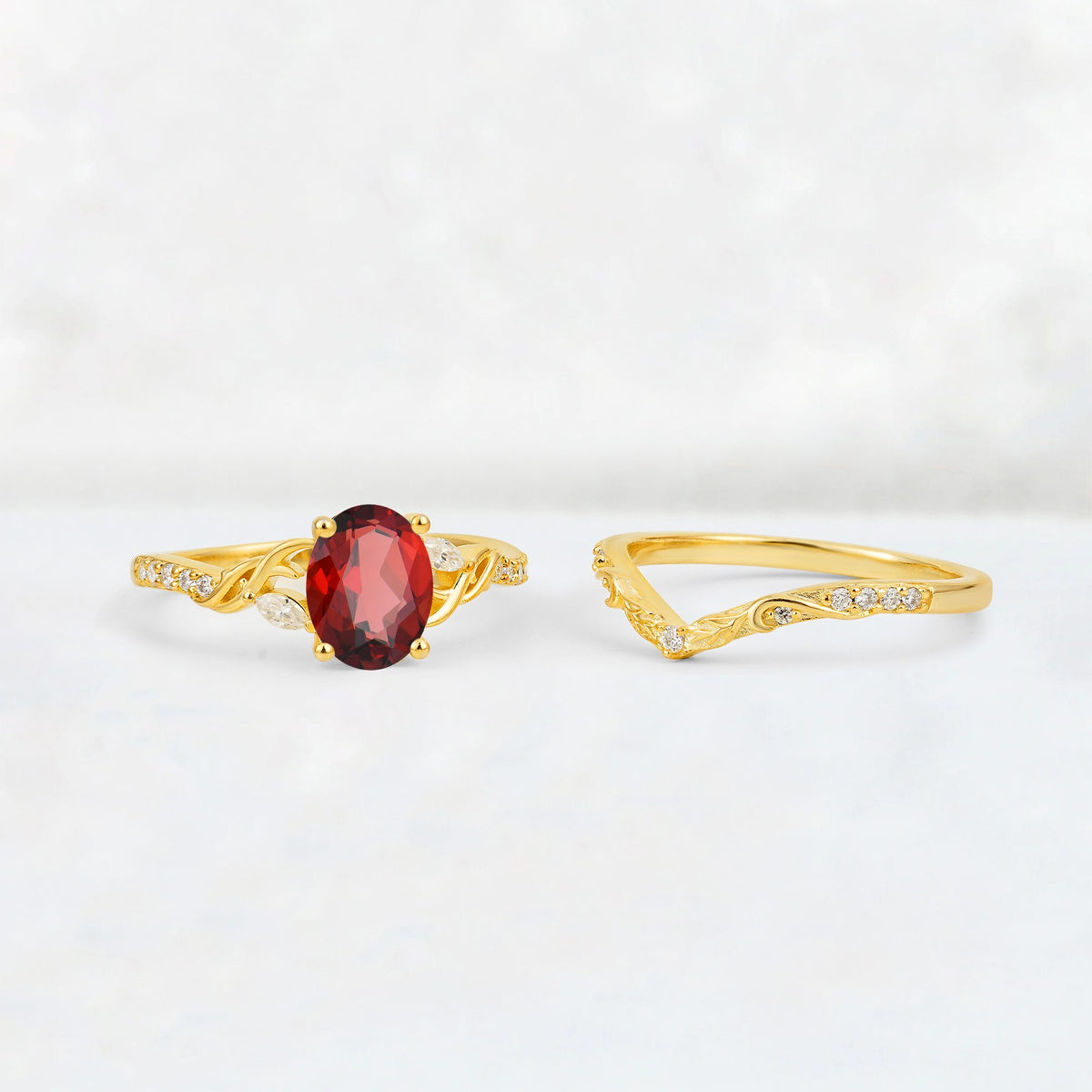Oval Cut Garnet Wedding Ring Set with Leaf and Vine Detail - Additional view