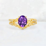 Oval Cut Amethyst Wedding Ring Set with Leaf and Vine Detail - Yellow-Gold
