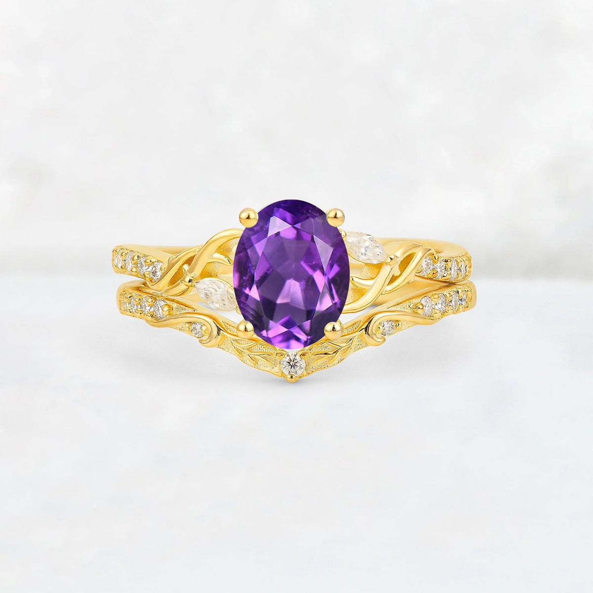 Oval Cut Amethyst Wedding Ring Set with Leaf and Vine Detail - Yellow-Gold