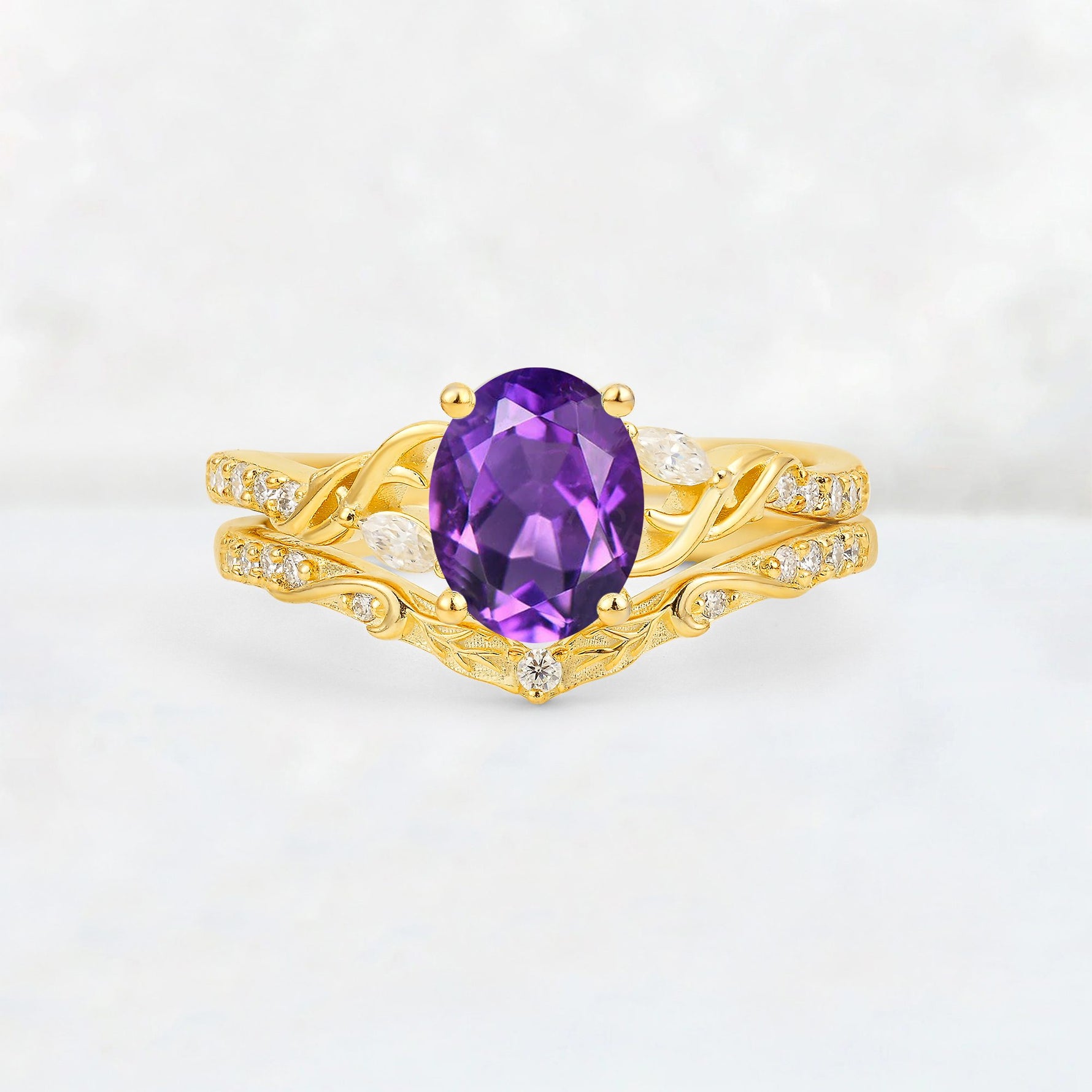 Oval Cut Amethyst Wedding Ring Set with Leaf and Vine Detail - Yellow-Gold