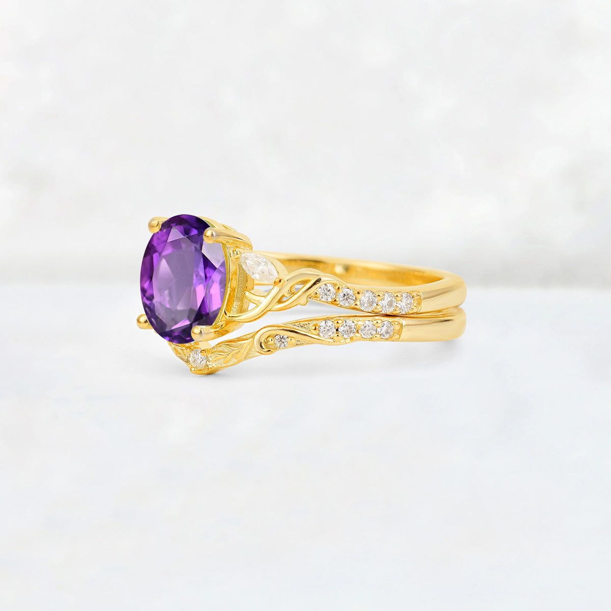 Oval Cut Amethyst Wedding Ring Set with Leaf and Vine Detail - Rose-Gold