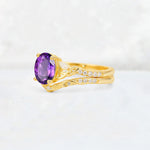 Oval Cut Amethyst Wedding Ring Set with Leaf and Vine Detail - Rose-Gold