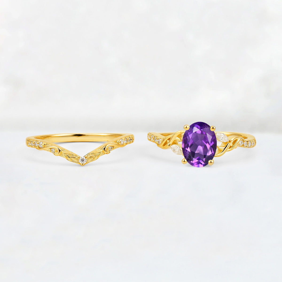 Oval Cut Amethyst Wedding Ring Set with Leaf and Vine Detail - White-Gold