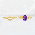 Oval Cut Amethyst Wedding Ring Set with Leaf and Vine Detail - White-Gold