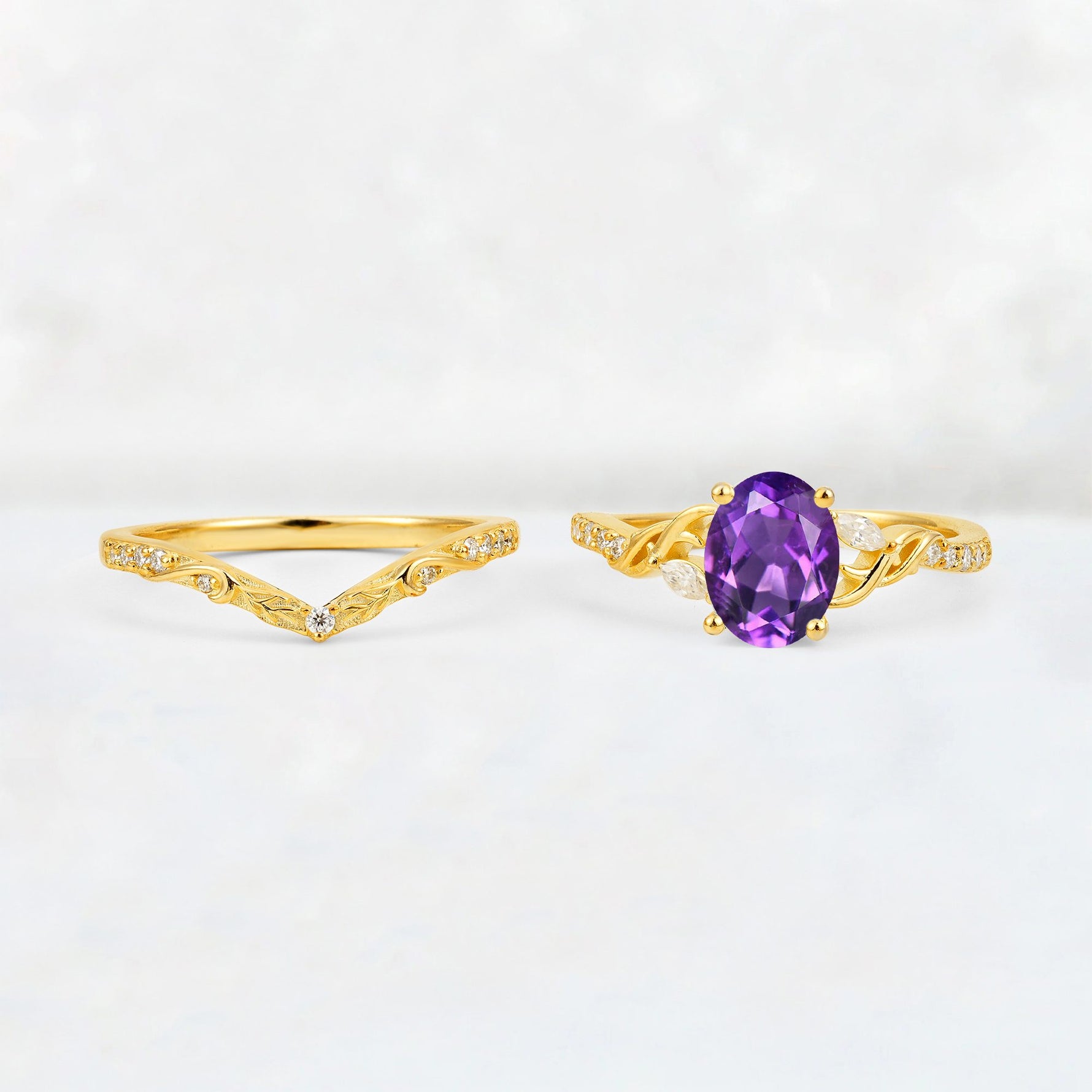 Oval Cut Amethyst Wedding Ring Set with Leaf and Vine Detail - White-Gold