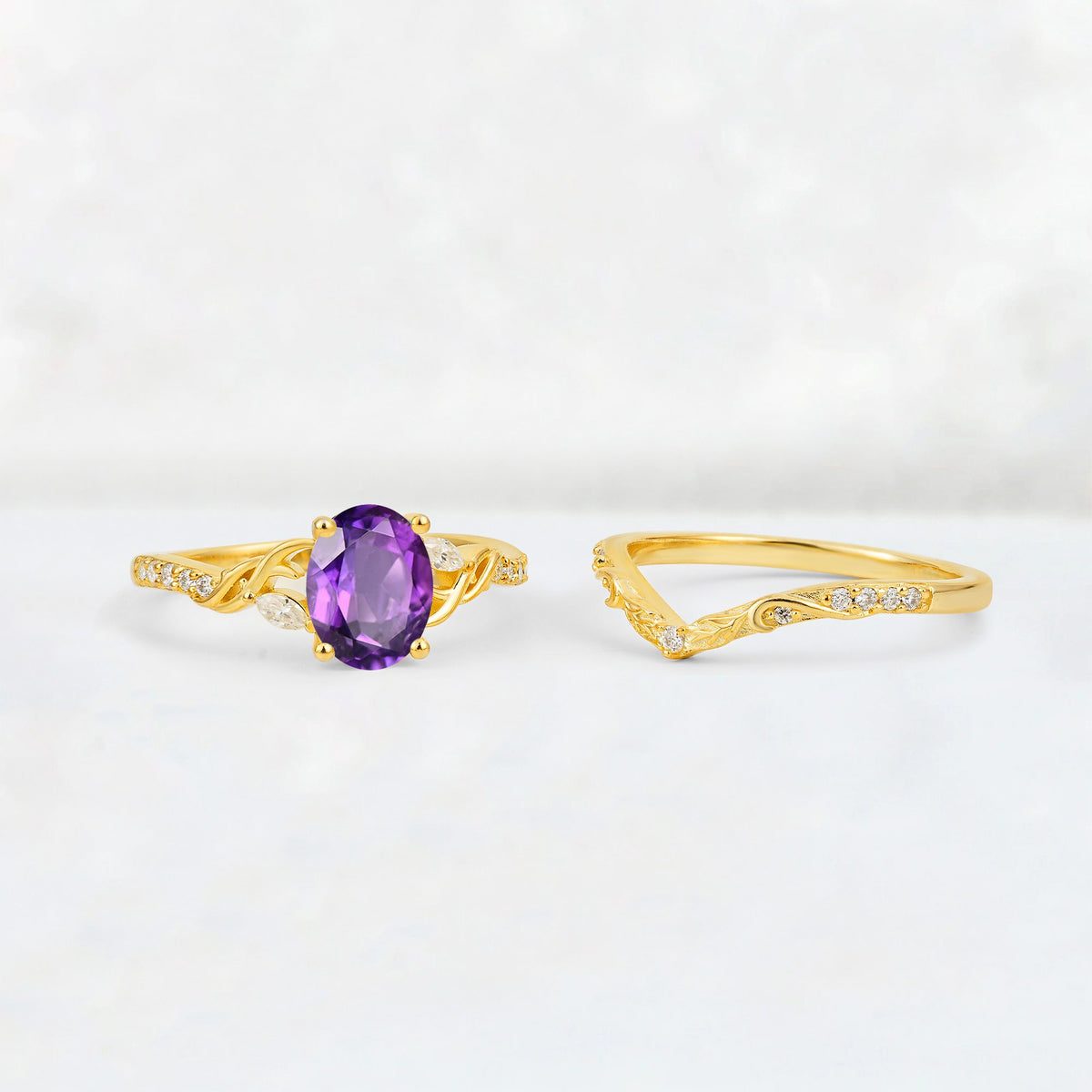 Oval Cut Amethyst Wedding Ring Set with Leaf and Vine Detail - Additional view