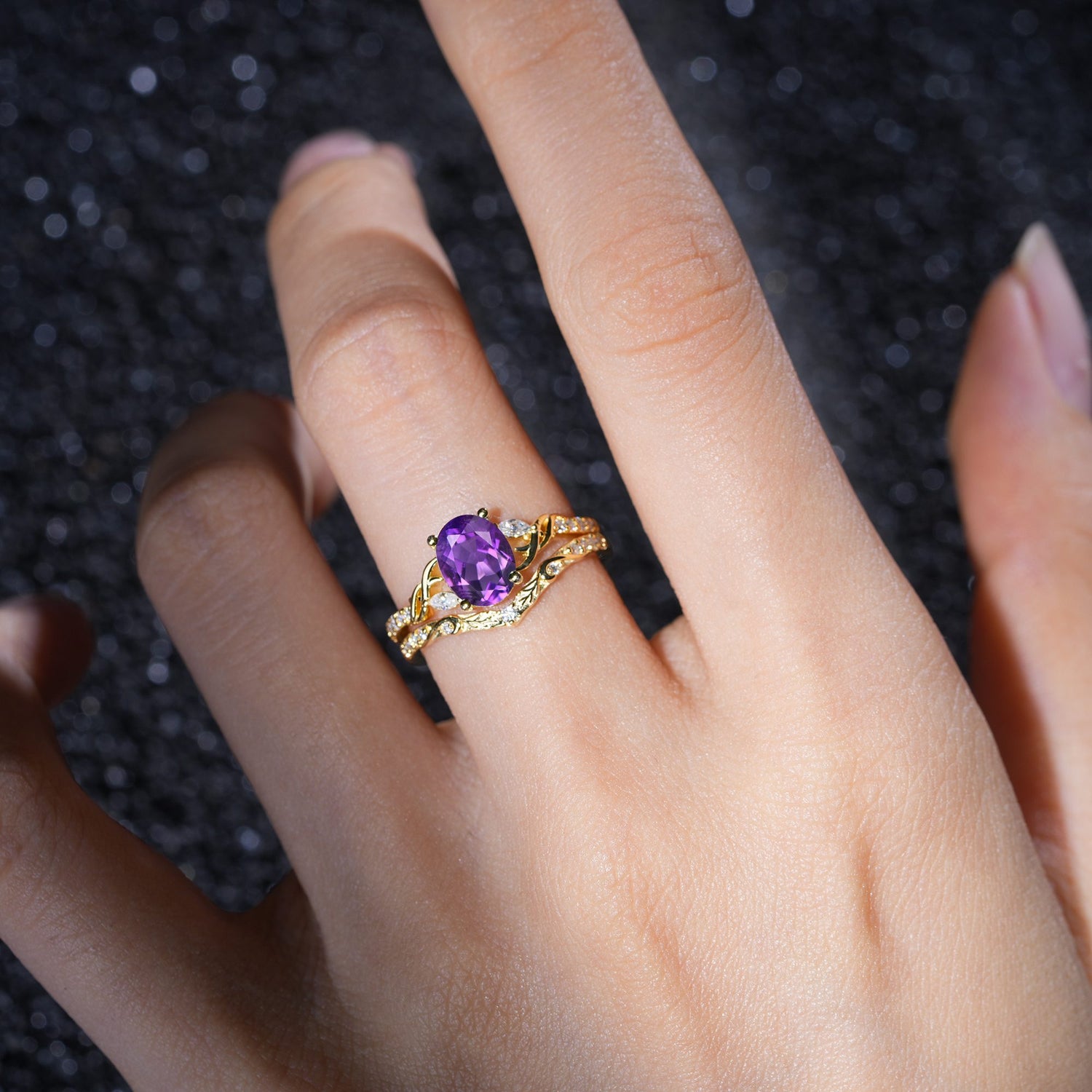 Oval Cut Amethyst Bridal Ring Set with Leaf and Vine Detail