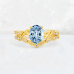 Oval Cut Aquamarine Wedding Ring Set with Leaf and Vine Detail - Yellow-Gold