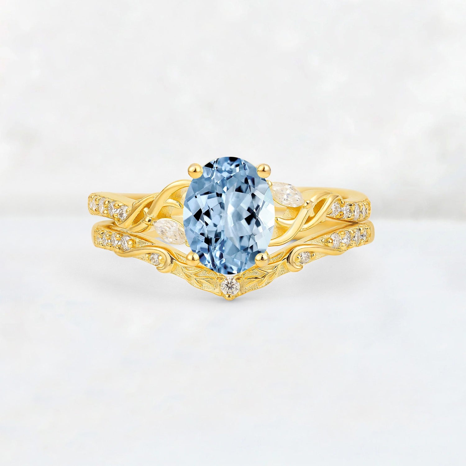 Oval Cut Aquamarine Wedding Ring Set with Leaf and Vine Detail - Yellow-Gold