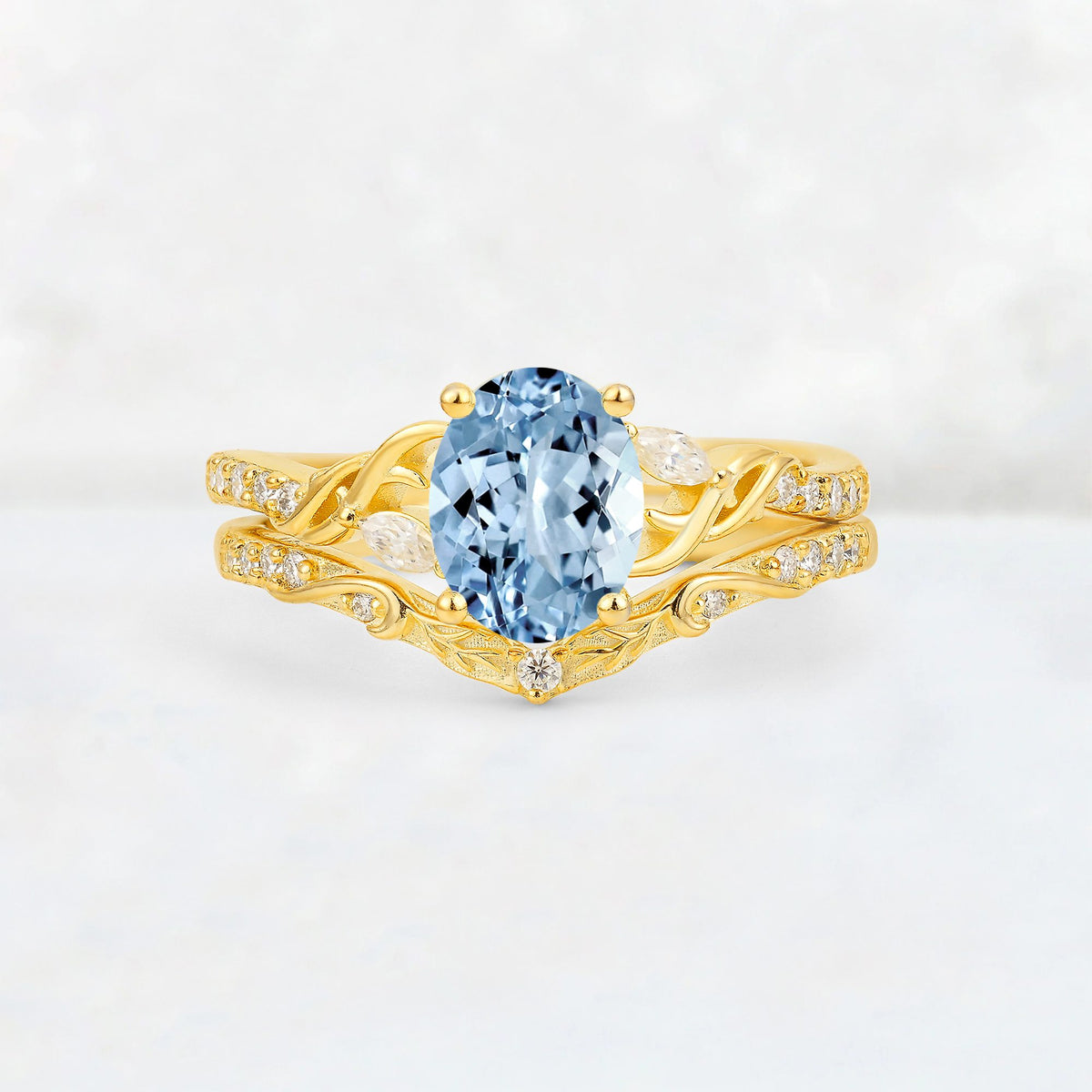 Oval Cut Aquamarine Wedding Ring Set with Leaf and Vine Detail - Yellow-Gold