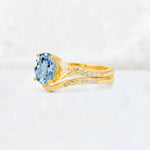 Oval Cut Aquamarine Wedding Ring Set with Leaf and Vine Detail - Rose-Gold