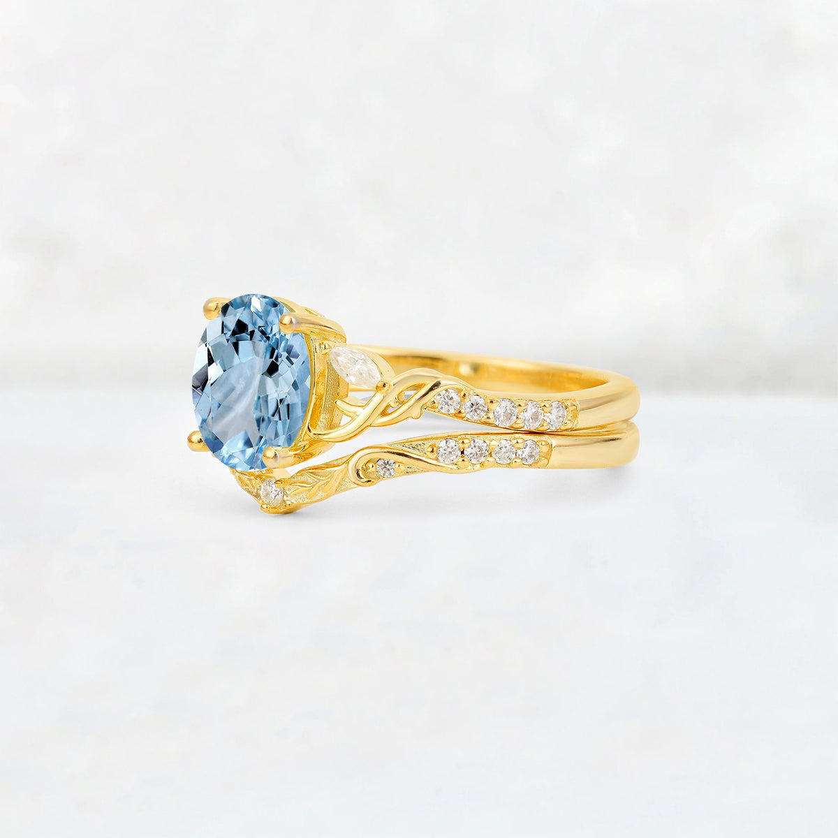 Oval Cut Aquamarine Wedding Ring Set with Leaf and Vine Detail - Rose-Gold
