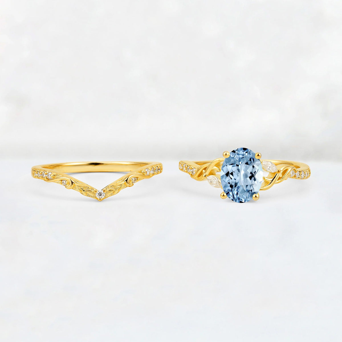 Oval Cut Aquamarine Wedding Ring Set with Leaf and Vine Detail - White-Gold