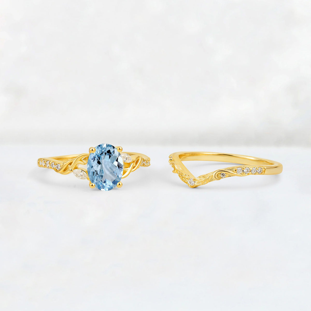 Oval Cut Aquamarine Wedding Ring Set with Leaf and Vine Detail - Additional view