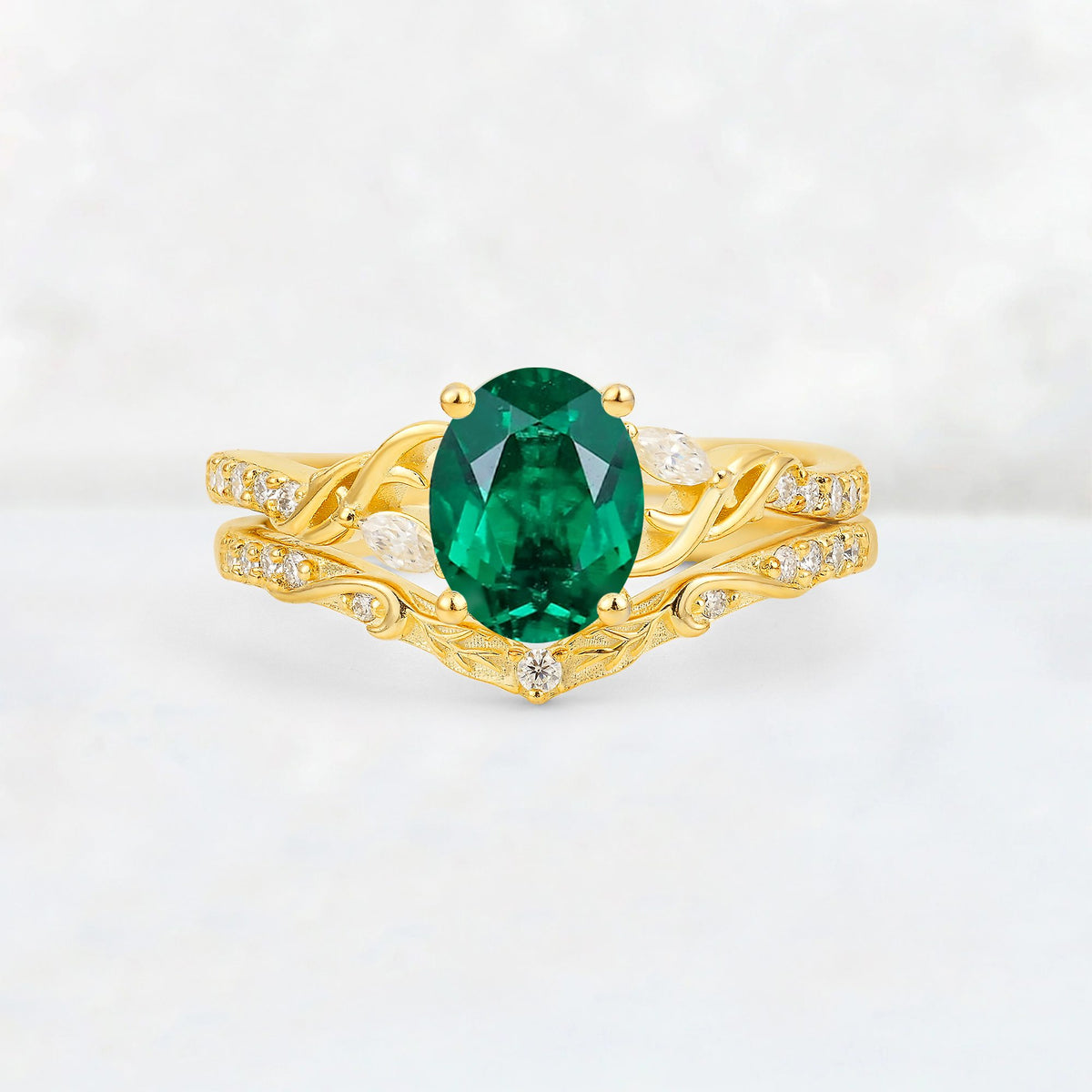 Oval Cut Emerald Wedding Ring Set with Leaf and Vine Detail - Yellow-Gold