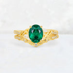 Oval Cut Emerald Wedding Ring Set with Leaf and Vine Detail - Yellow-Gold