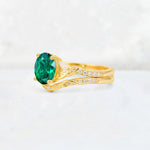 Oval Cut Emerald Wedding Ring Set with Leaf and Vine Detail - Rose-Gold