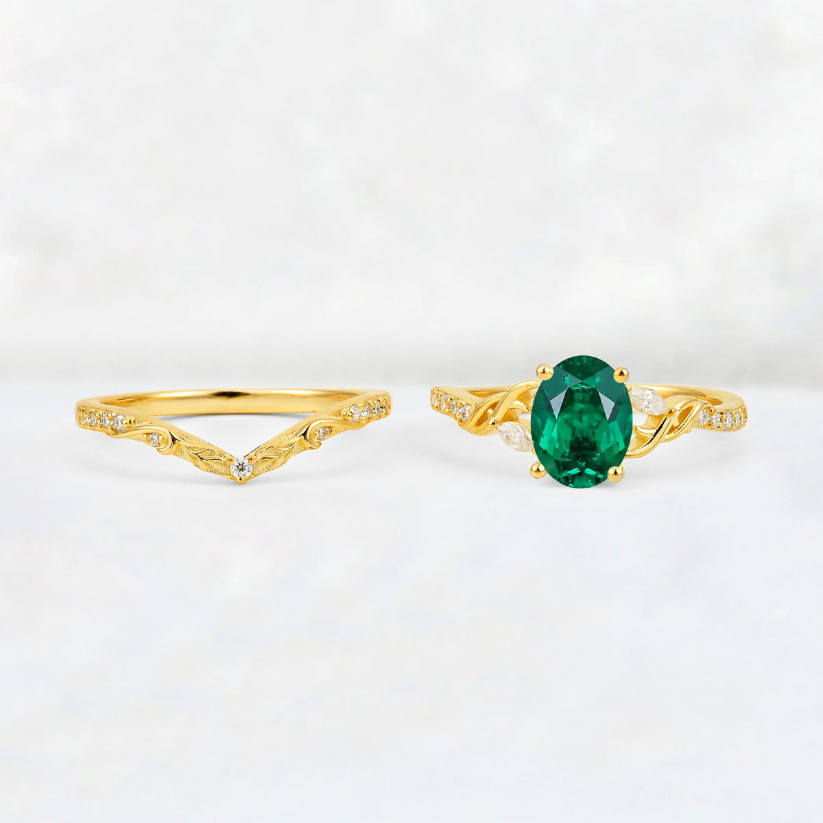 Oval Cut Emerald Wedding Ring Set with Leaf and Vine Detail - White-Gold