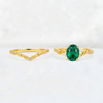 Oval Cut Emerald Wedding Ring Set with Leaf and Vine Detail - White-Gold