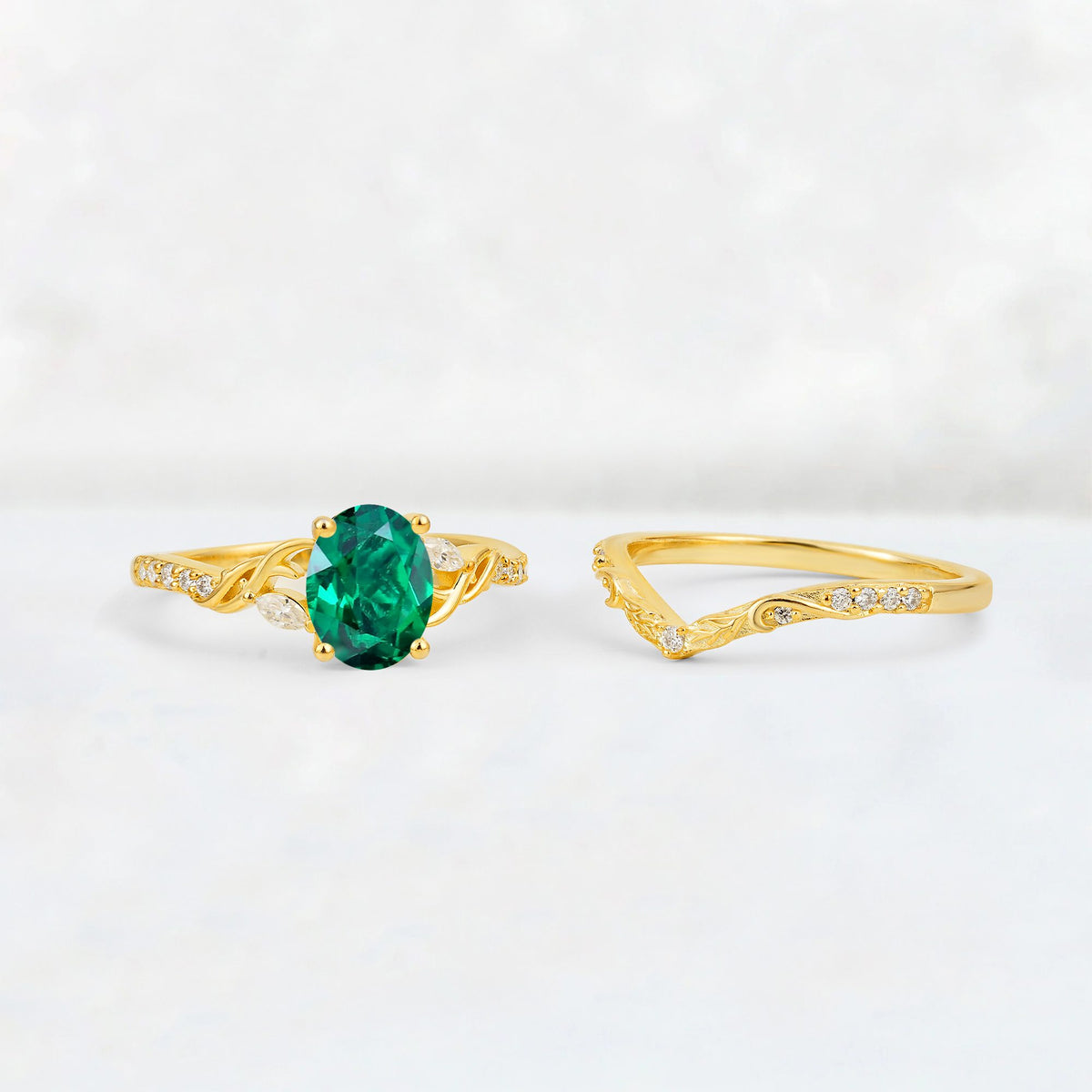 Oval Cut Emerald Wedding Ring Set with Leaf and Vine Detail - Additional view