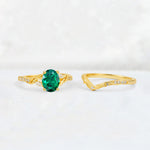 Oval Cut Emerald Wedding Ring Set with Leaf and Vine Detail - Additional view