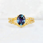 Oval Cut Alexandrite Wedding Ring Set with Leaf and Vine Detail - Yellow-Gold