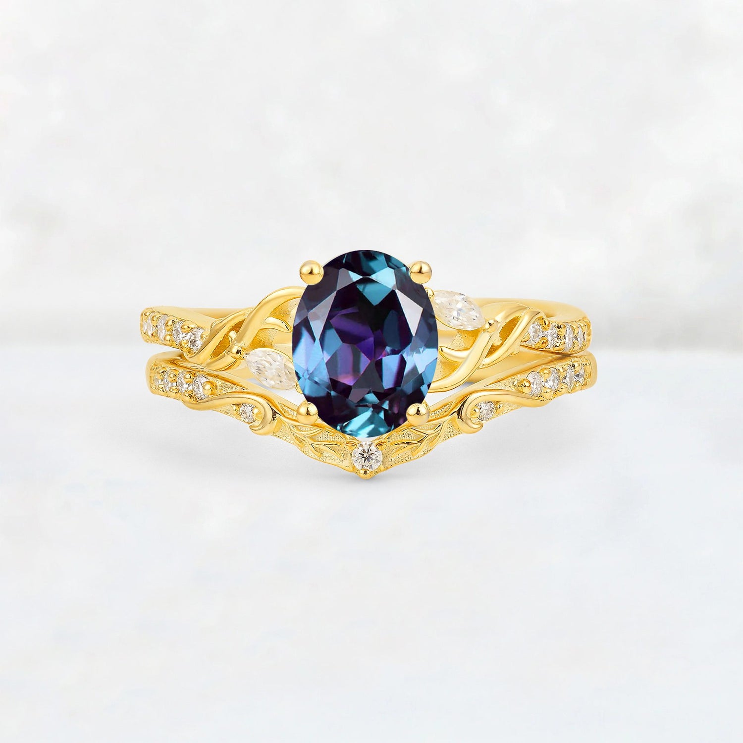 Oval Cut Alexandrite Wedding Ring Set with Leaf and Vine Detail - Yellow-Gold