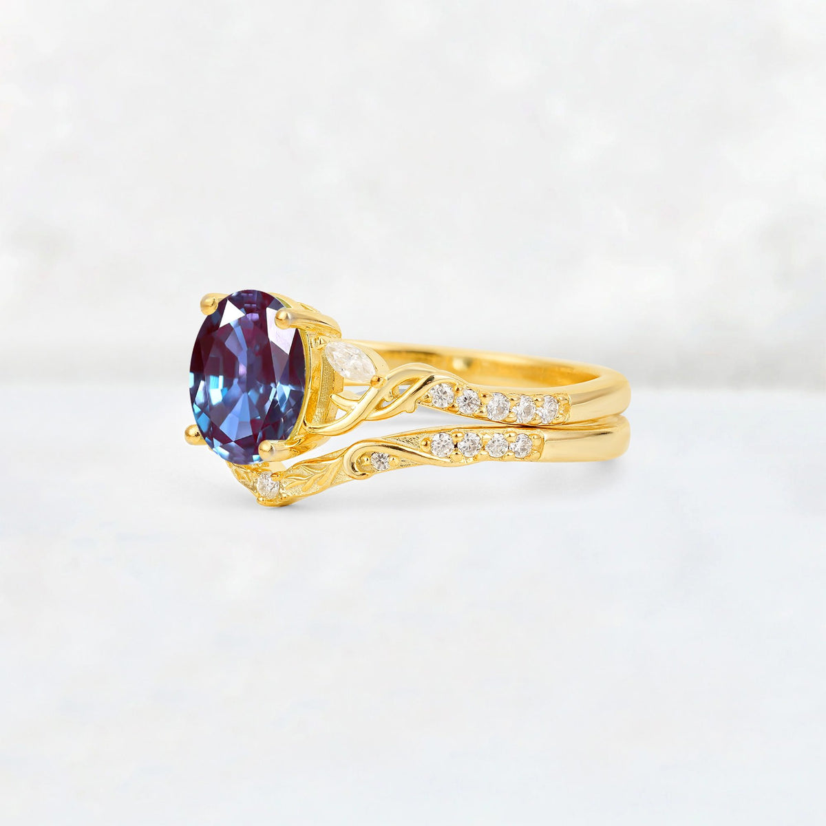 Oval Cut Alexandrite Wedding Ring Set with Leaf and Vine Detail - Rose-Gold