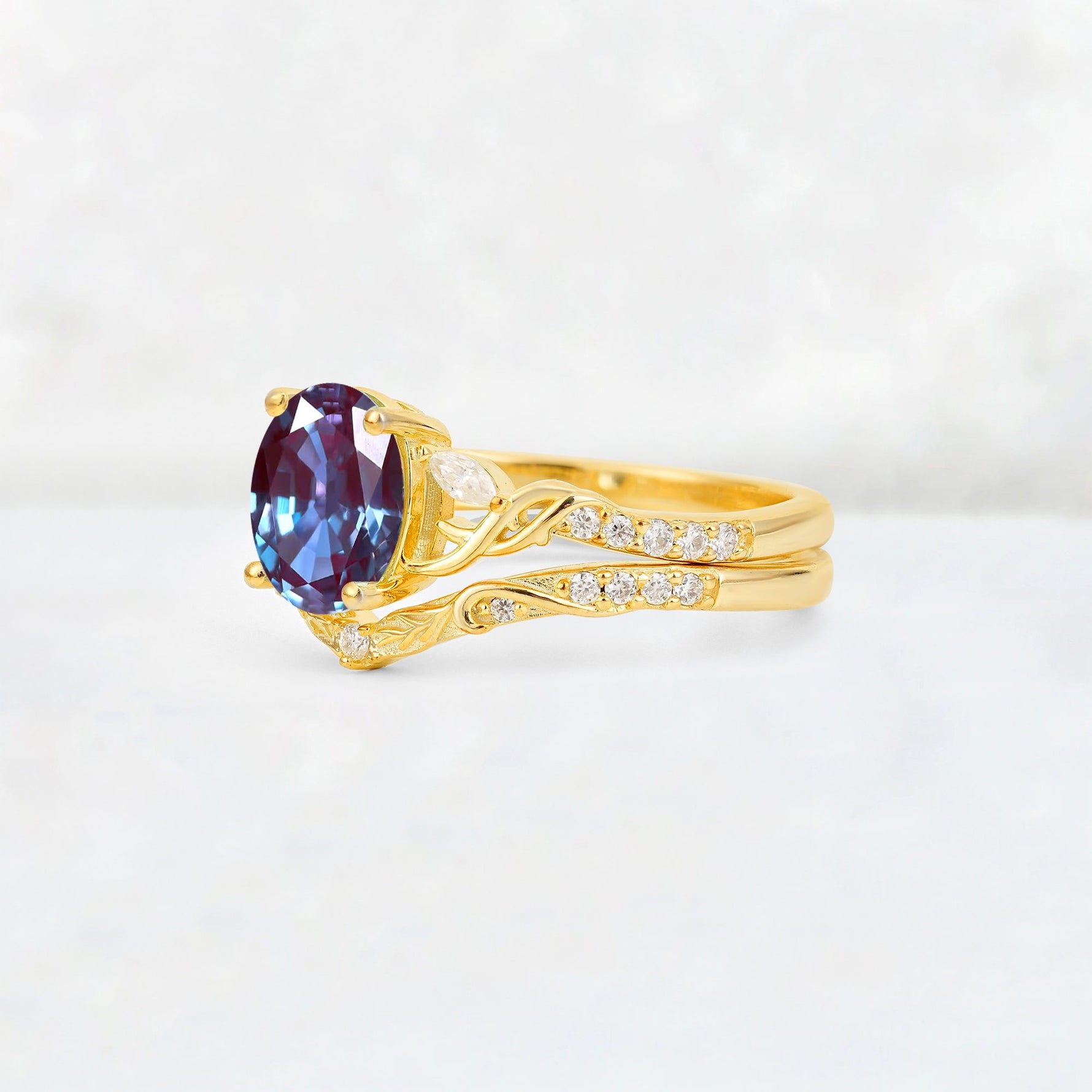 Oval Cut Alexandrite Wedding Ring Set with Leaf and Vine Detail - Rose-Gold