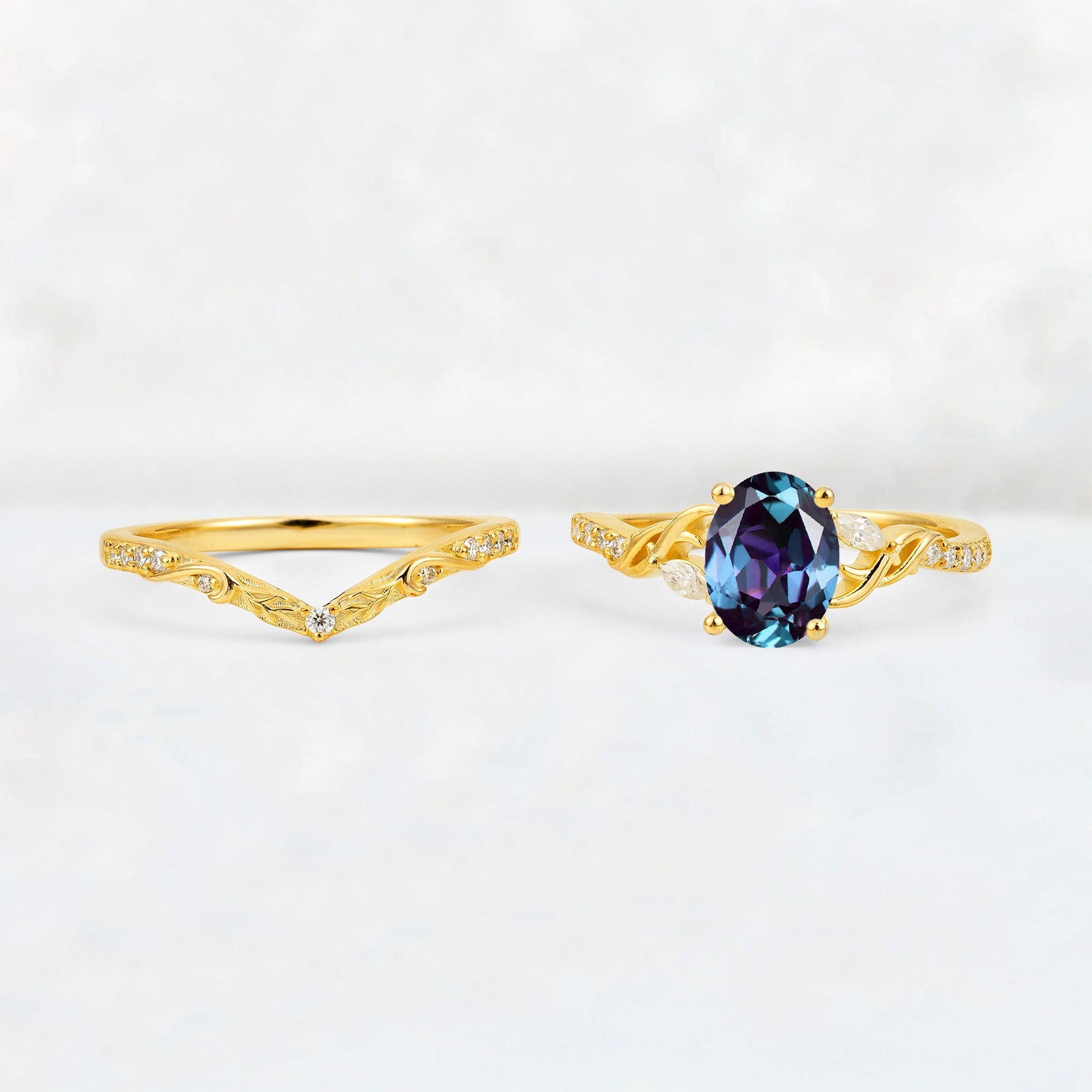 Oval Cut Alexandrite Wedding Ring Set with Leaf and Vine Detail - White-Gold