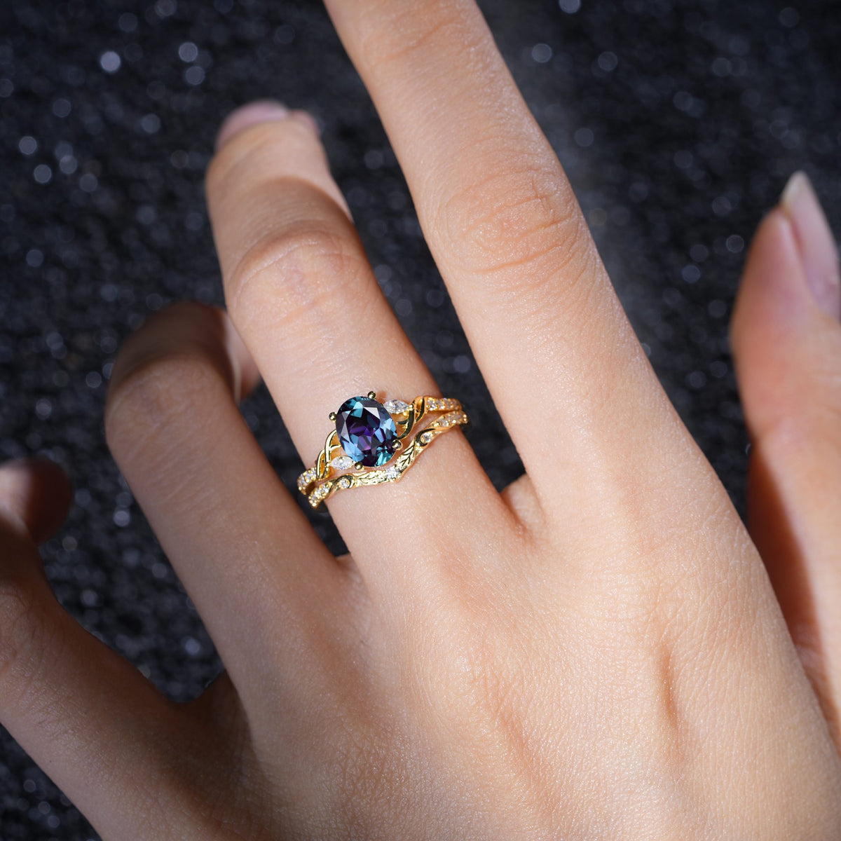 Oval Cut Alexandrite Bridal Ring Set with Leaf and Vine Detail