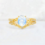 Oval Cut Moonstone Wedding Ring Set with Leaf and Vine Detail - Yellow-Gold