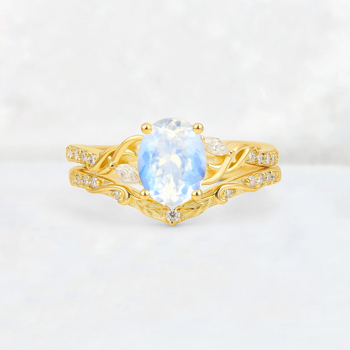 Oval Cut Moonstone Wedding Ring Set with Leaf and Vine Detail - Yellow-Gold