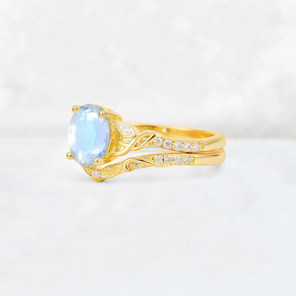 Oval Cut Moonstone Wedding Ring Set with Leaf and Vine Detail - Rose-Gold