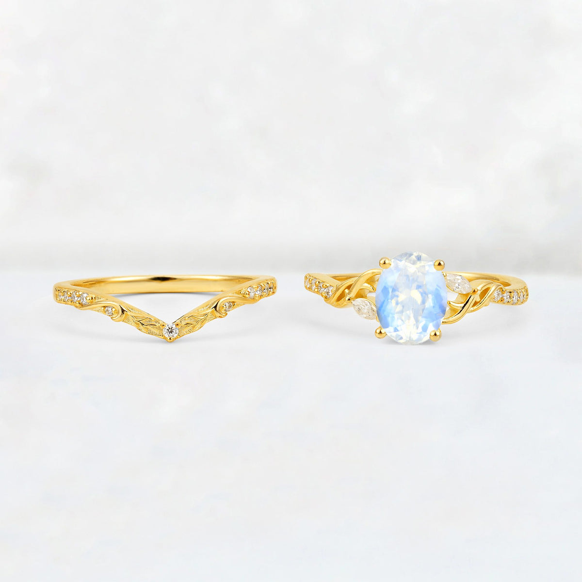 Oval Cut Moonstone Wedding Ring Set with Leaf and Vine Detail - White-Gold