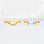 Oval Cut Moonstone Wedding Ring Set with Leaf and Vine Detail - White-Gold