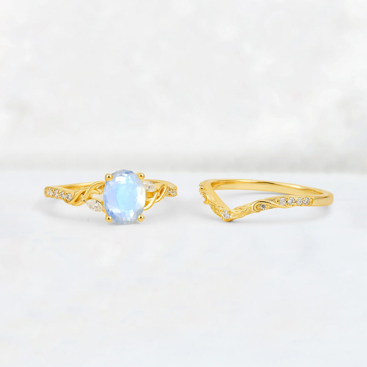Oval Cut Moonstone Wedding Ring Set with Leaf and Vine Detail - Additional view