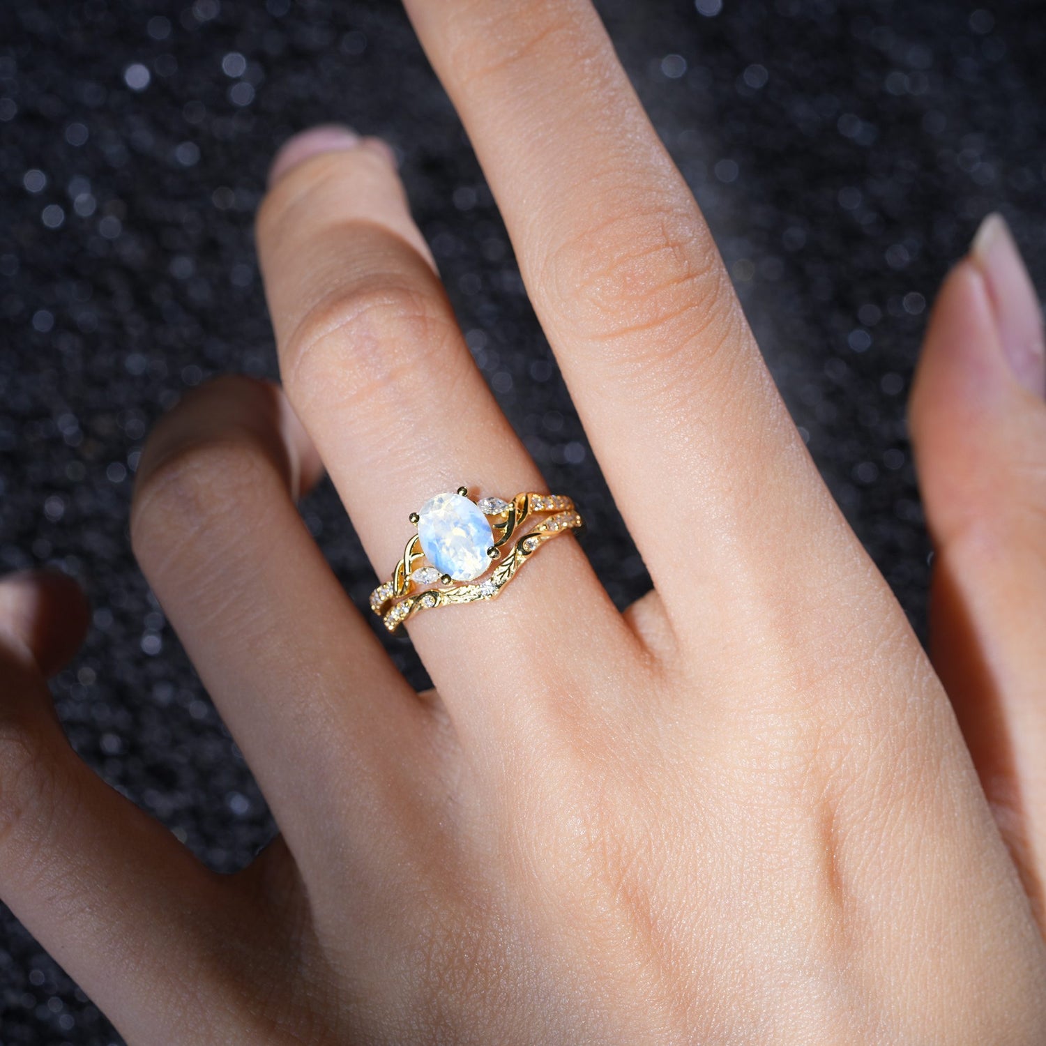 Oval Cut Moonstone Bridal Ring Set with Leaf and Vine Detail