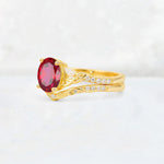 Oval Cut Ruby Wedding Ring Set with Leaf and Vine Detail - Rose-Gold