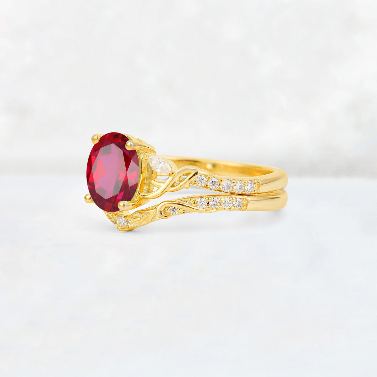 Oval Cut Ruby Wedding Ring Set with Leaf and Vine Detail - Rose-Gold