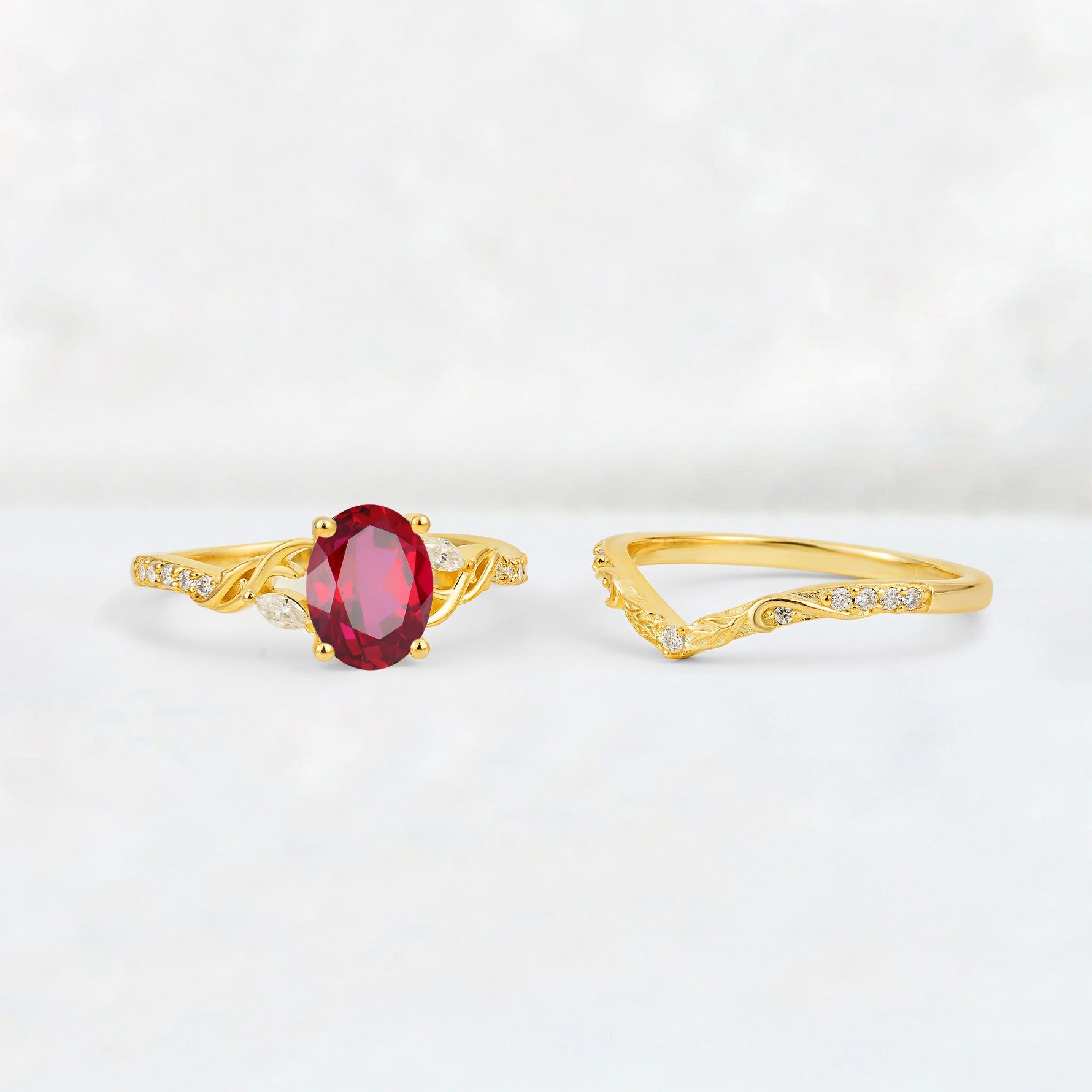 Oval Cut Ruby Wedding Ring Set with Leaf and Vine Detail - Additional view