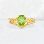 Oval Cut Peridot Wedding Ring Set with Leaf and Vine Detail - Yellow-Gold