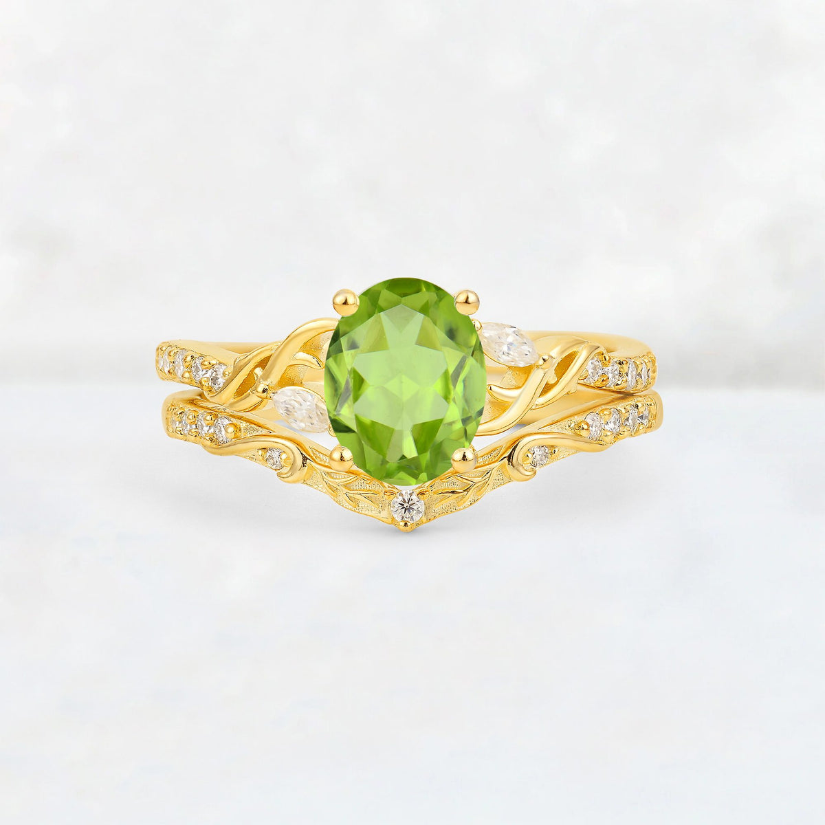 Oval Cut Peridot Wedding Ring Set with Leaf and Vine Detail - Yellow-Gold